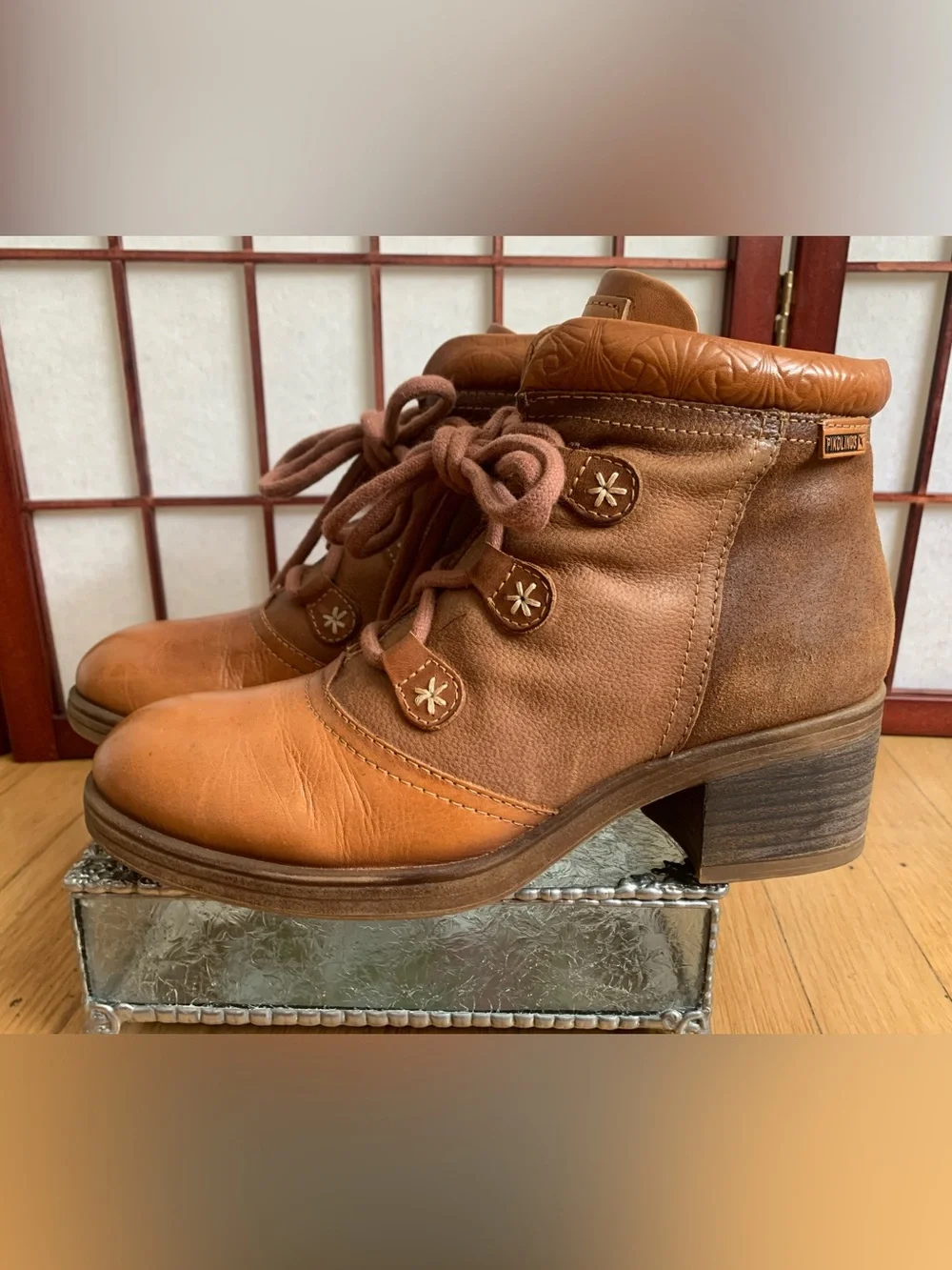 EUC PIKOLINO LYON Carmel/Brown Leather Lace-Up Side-Zip Ankle Boots Size 38/7.5